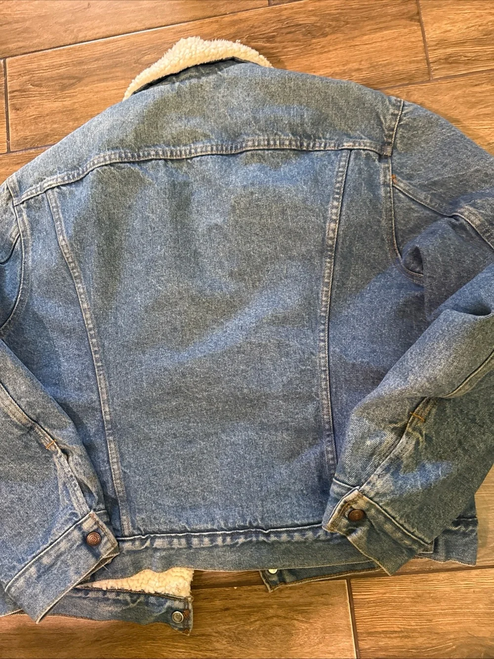 1970’s Levi's Sherpa Lined Denim Trucker Jacket Orange Tab Size 46 USA Made - Picture 9 of 11